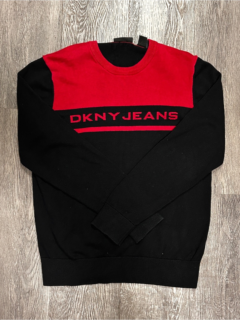 DKNY Red and Black Colorblock Logo Crewneck Sweater